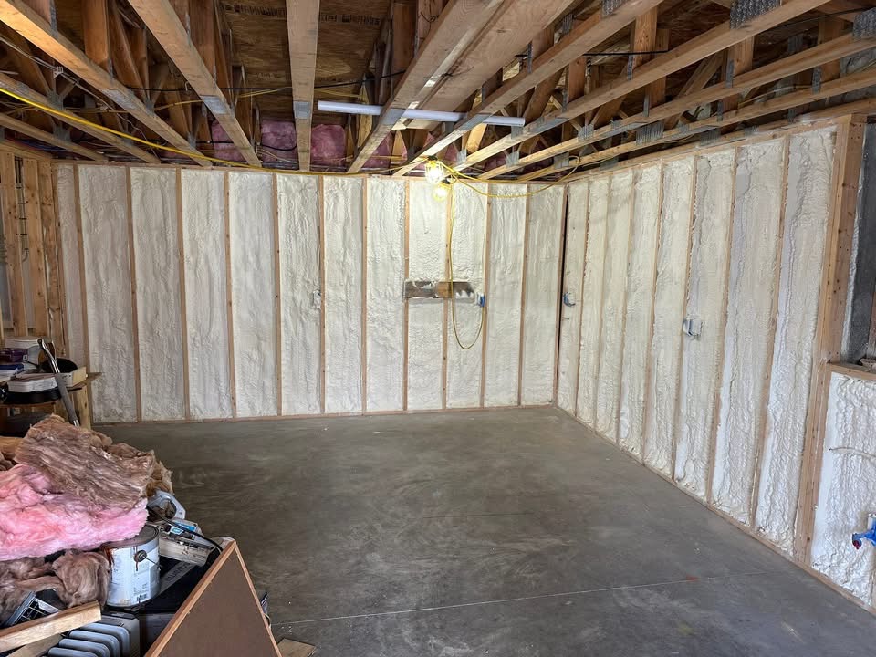 Spray foam insulation in a detached garage