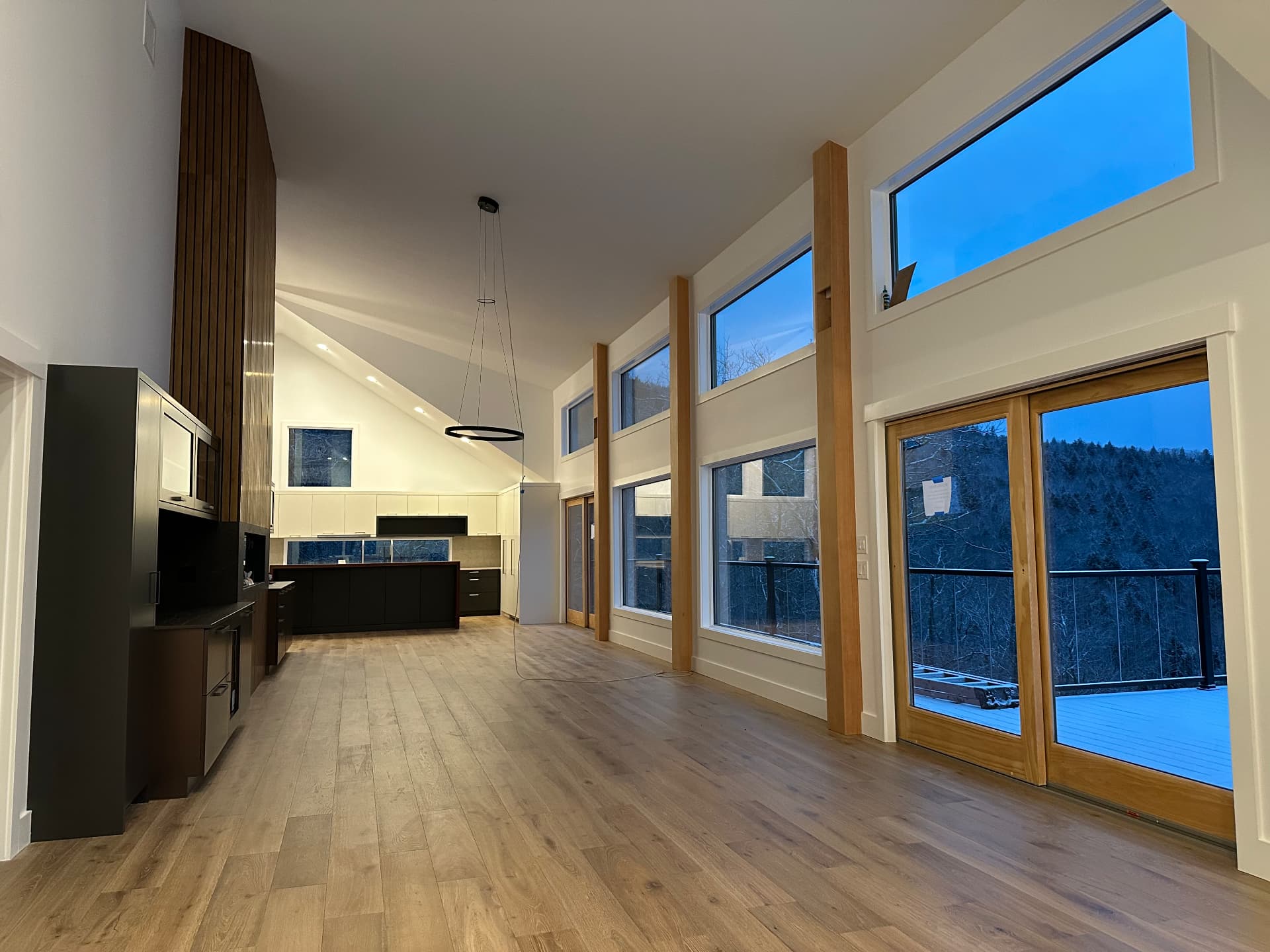 Modern great room with vaulted ceiling, slat wall, and custom kitchen